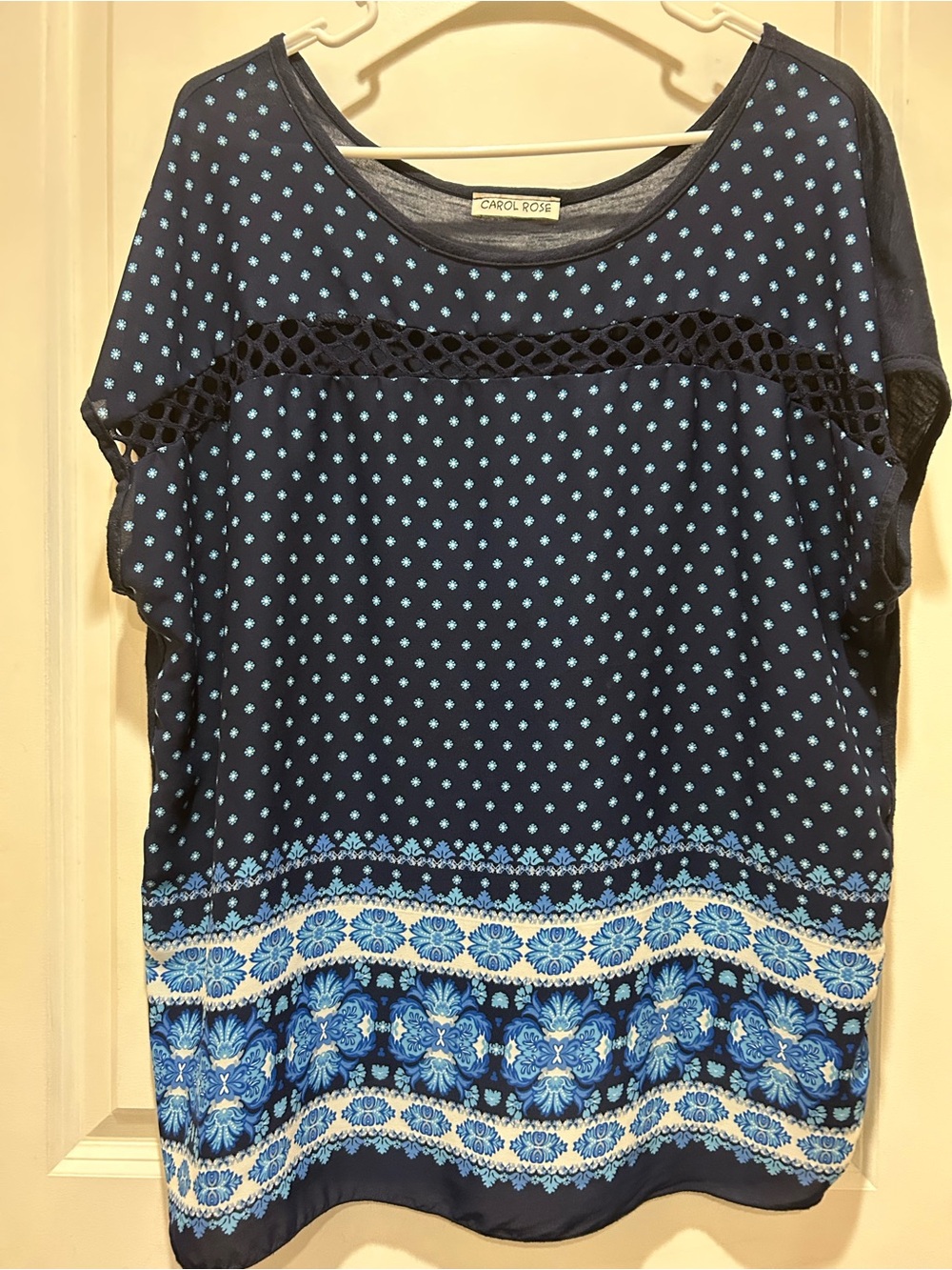 Carol Rose Navy Blue Short Sleeve Top with Light Blue Floral Border
